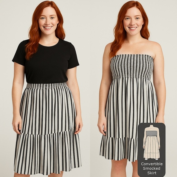 B2547- TS Convertible Smocked Skirt Dress Riviera Stripe Silver 3X (24W–26W) NWT - Picture 1 of 9
